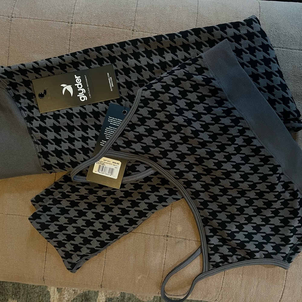 Glyder Black and Gray Houndstooth Leggings and Sports Bra Set